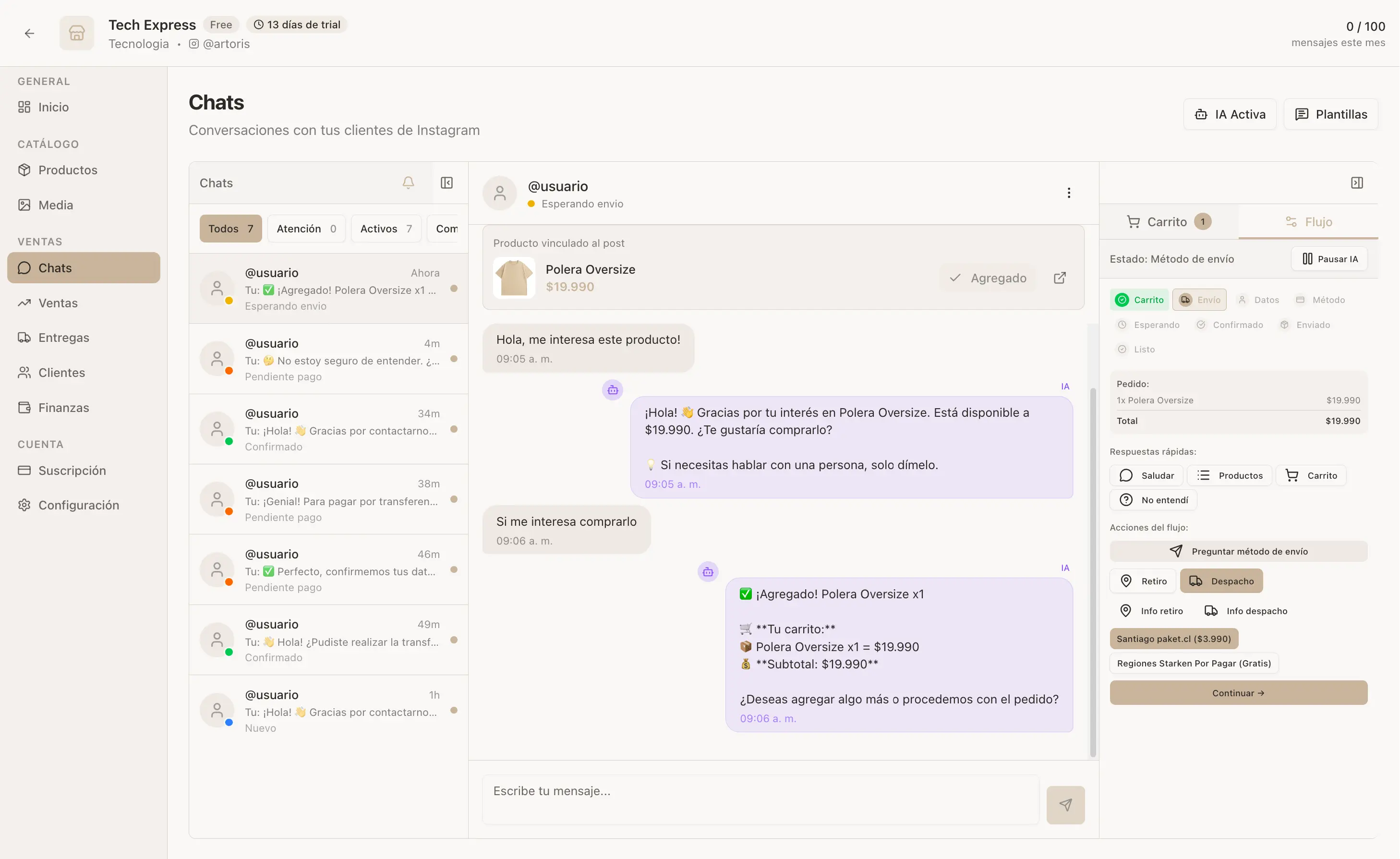 Artoris Dashboard - Panel de chats y automatizacion de ventas